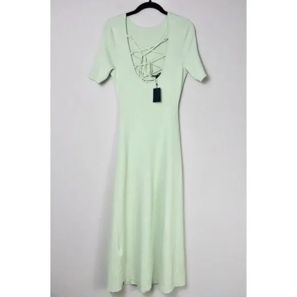 NWT Maje Ruche Tie Back Midi Dress 40 Vert L Ribbed Knit Stretch - Picture 10 of 15